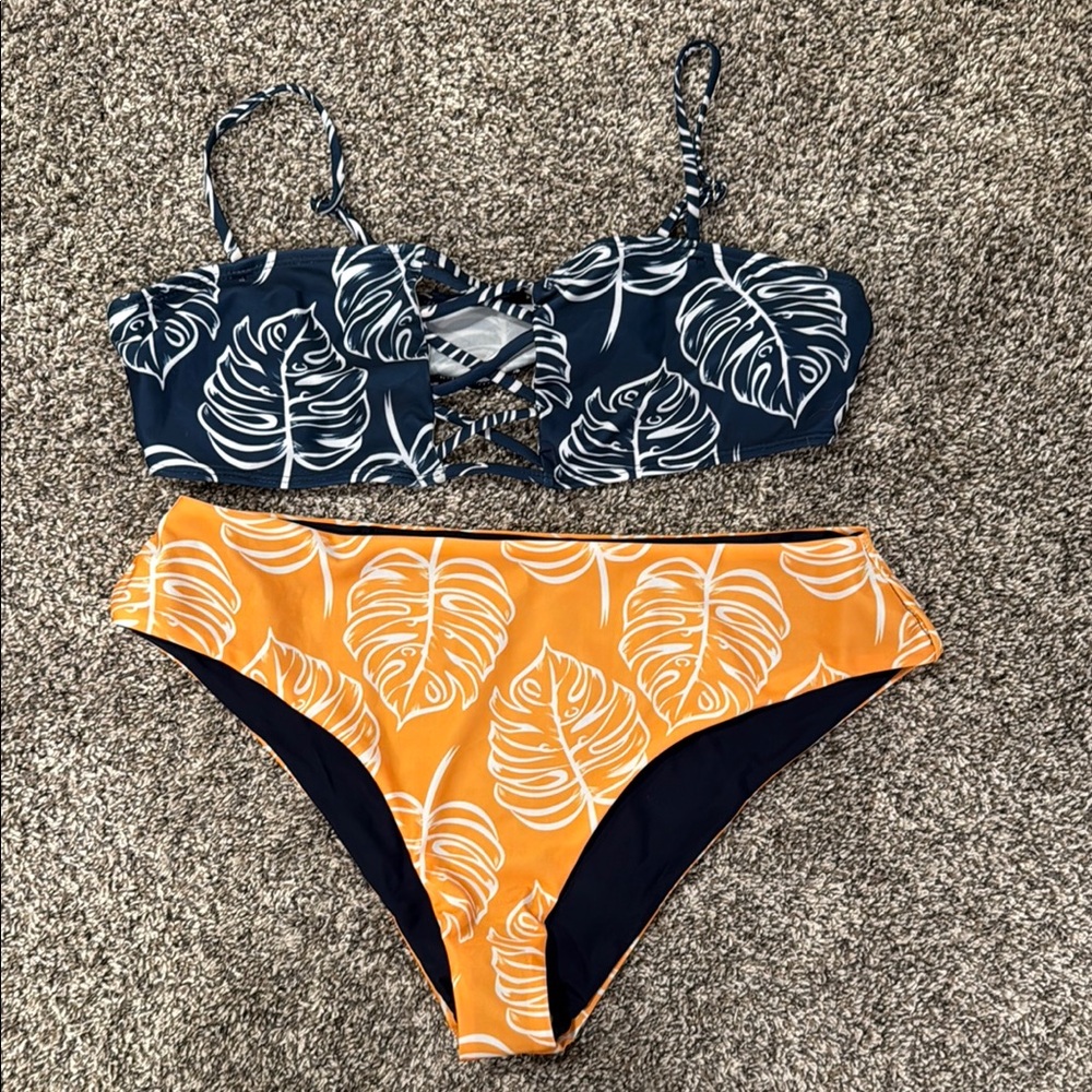 Leaf Print Bikini Set in Navy and Orange